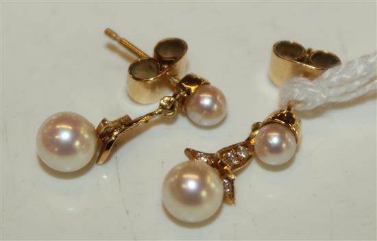 Pair 18ct gold, diamond and pearl drop stud earrings